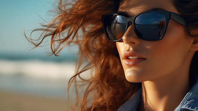 A woman with long red hair is pictured wearing sunglasses. This image can be used to portray a stylish and confident woman enjoying a sunny day