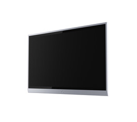Flat screen television tilted view, off black display, isolated on white. Modern technology concept. 3D Rendering