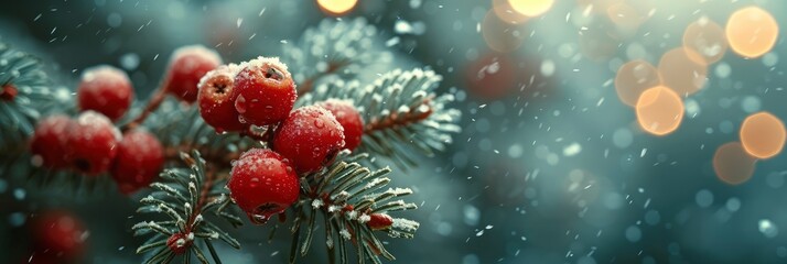 Obraz na płótnie Canvas Christmas Decorations On Spruce Branches, Background Banner