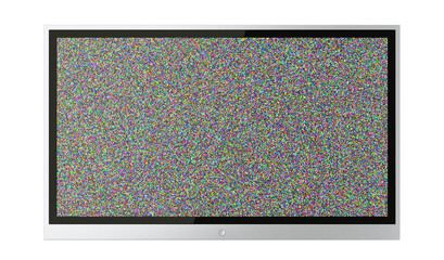 Flat screen TV with static noise display, isolated on white. Technical issue concept. 3D Rendering