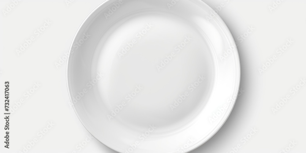 Poster A simple image of an empty white plate on a white surface. Can be used for various food-related concepts or as a blank canvas for design purposes