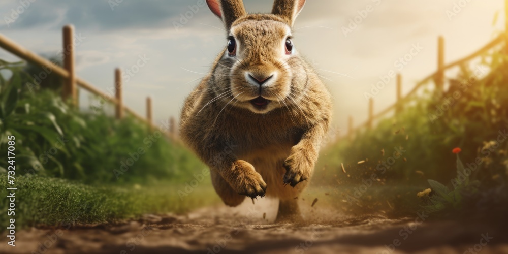 Poster a rabbit is captured in motion as it runs down a dirt road near a fence. this versatile image can be