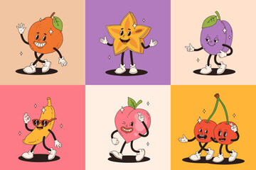 Obraz premium Retro groovy fruit characters. Big collection of funky happy mascots with happy smiling face.
