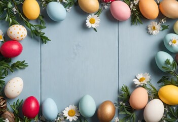 Fototapeta na wymiar Top view of wooden background with decorated eggs and chamomiles. Flat lay. Copy space. Concept of Easter and spring season holiday. Generative Ai