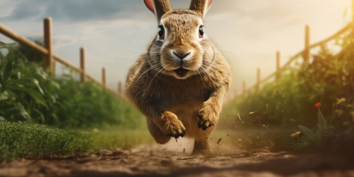 A rabbit is captured in motion as it runs down a dirt road near a fence. This versatile image can be used to depict concepts such as freedom, nature, and rural settings
