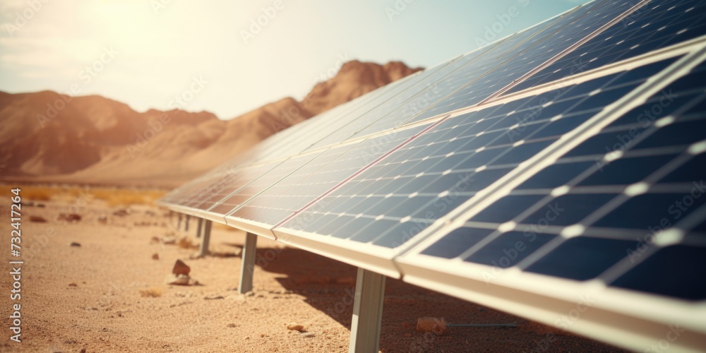 Poster solar panels arranged in a row in the vast desert. ideal for renewable energy concepts