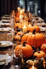 A long table adorned with candles and pumpkins, creating a festive atmosphere. Perfect for Halloween parties or autumn-themed events