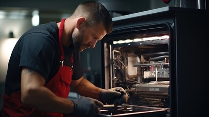 A man wearing an apron carefully places something into an oven. This image can be used to depict cooking, baking, or food preparation