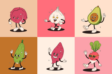 Funny vegetables retro cartoon characters sticker set. Modern label with cute comics characters. Hand drawn doodles of comic mascot. Set in modern cartoon style. 70s retro vibes.