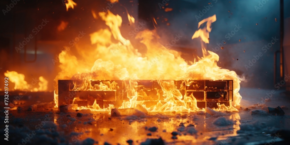 Poster a pile of trash sitting on top of a street next to a fire. can be used to depict urban pollution or 