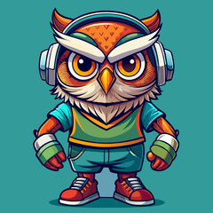 Fototapeta premium Owl Angry , cute, style , Big eye , Full Human Body , art 90 style , sport wear, headset, full body