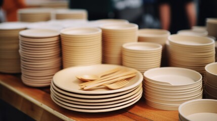 A collection of plates and bowls neatly arranged on a table. Ideal for showcasing a dining experience or restaurant setting