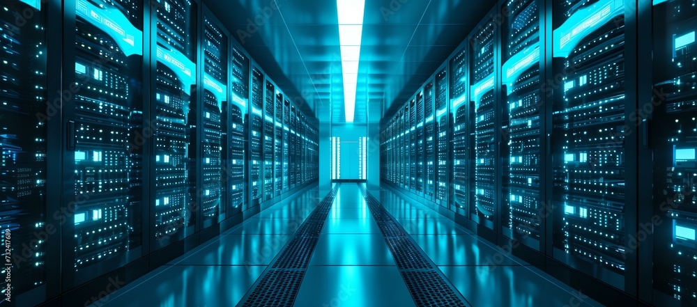 Poster futuristic data center with rows of servers and blue neon lights. cybersecurity and technology conce