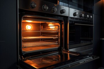 An open oven in a kitchen. Suitable for home cooking or baking illustrations