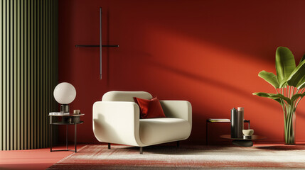 The beauty of minimalist elegance through red and green interiors featuring refined lines