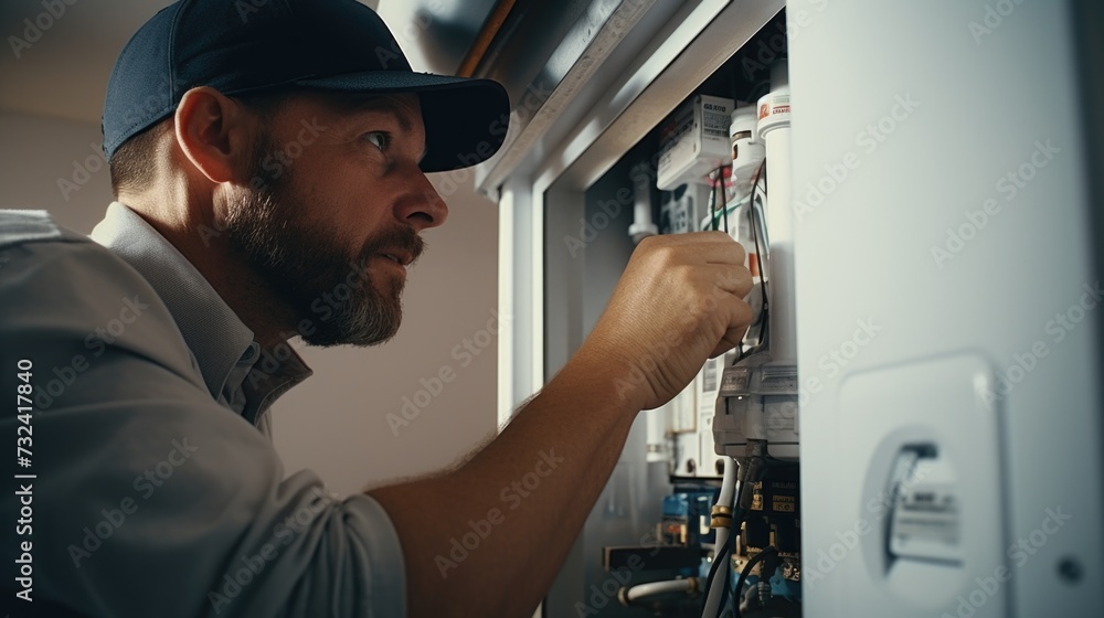 Poster a man in a cap is fixing an electrical panel. this image can be used to depict electrical repairs or