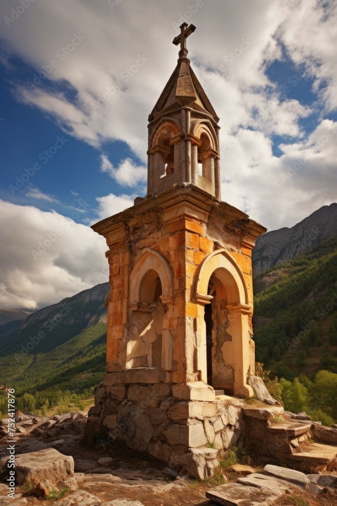 Poster A small stone building with a steeple on top. Suitable for architectural designs and religious themes
