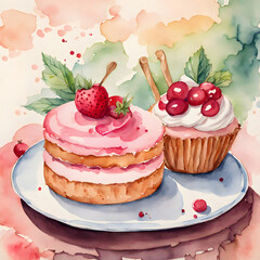 Obraz na płótnie Canvas Watercolor painting of cake with berries.
