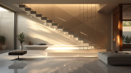 A 3D interior design with a floating staircase