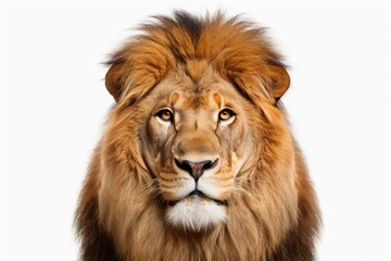 A close-up photograph of a lion captured on a white background. This image can be used for various purposes, such as educational materials