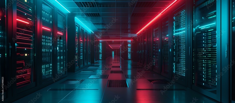 Poster futuristic data center hallway illuminated by neon lights. high-tech server racks in a modern data c