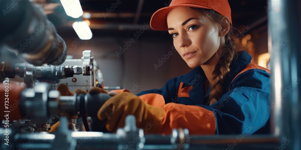 Poster a woman can be seen working on a machine in a factory. this image can be used to depict industrial w
