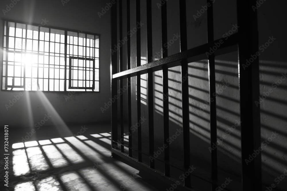 Aufkleber a black and white photo of a jail cell. this photo can be used to depict the harsh reality of prison