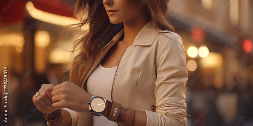 Poster a woman is walking down the street and checking the time on her watch. this image can be used to rep