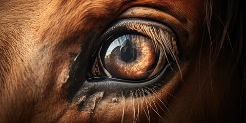 A detailed close-up of a brown horse's eye. Perfect for equestrian enthusiasts or animal lovers. - obrazy, fototapety, plakaty
