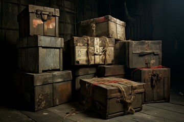 Decrepit Old dirty boxes. Cargo carton storage. Generate Ai - obrazy, fototapety, plakaty