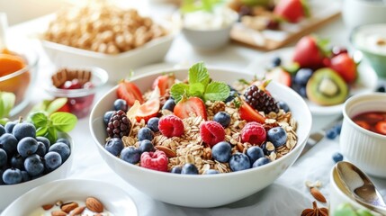 A bright breakfast setting with a bowl of muesli adorned with an assortment of fresh berries, fruits, and nuts, offering a colorful and healthy start to the day.