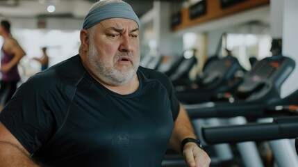 Fototapeta na wymiar Exercising in a fitness club. An overweight middle-aged man runs on a treadmill in the gym.