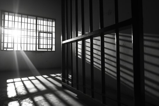 A black and white photo of a jail cell. This photo can be used to depict the harsh reality of prison life or to symbolize confinement and restriction
