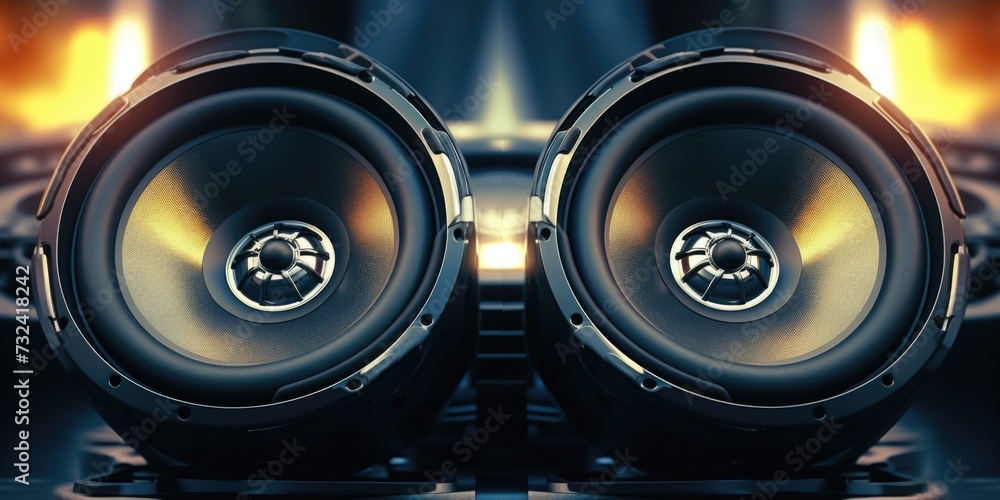 Poster a pair of speakers sitting on top of a table. ideal for music and audio-related projects