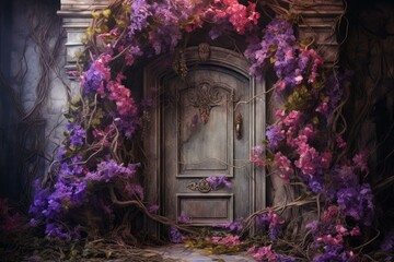 Purple fairy door flowers. Castle house. Generate Ai