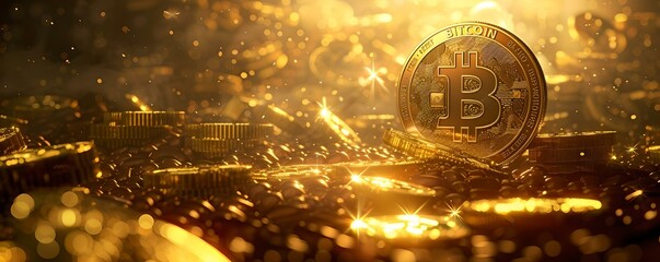 Sparkling bitcoin amidst golden coins, symbolizing wealth. cryptocurrency concept. digital currency's rise and shine. AI