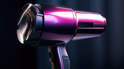 A purple hair dryer placed on a table. Perfect for beauty salons and personal grooming needs
