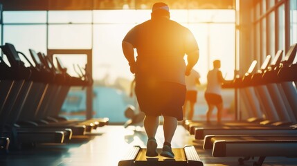 Exercising in a fitness club. An overweight middle-aged man runs on a treadmill in the gym.