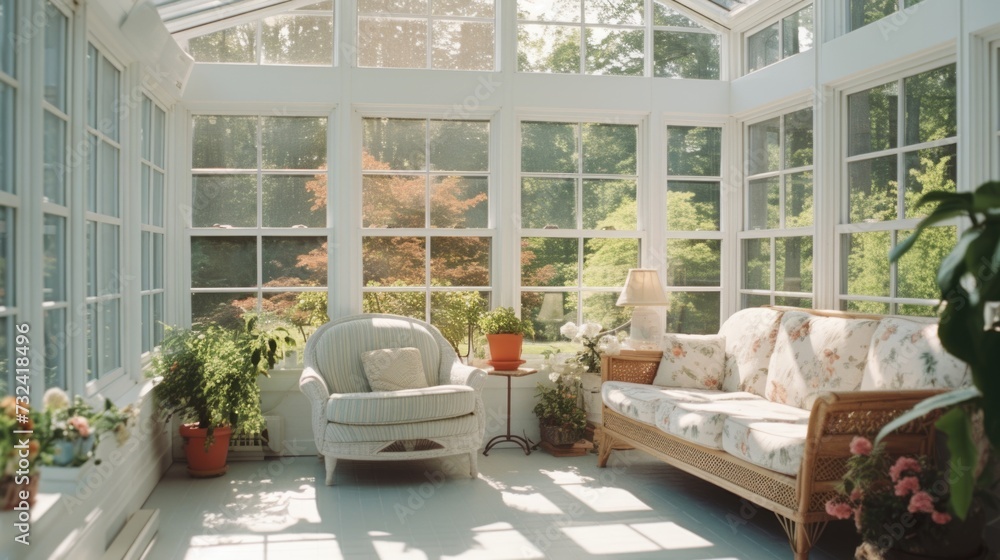 Poster a cozy sun room with a comfortable couch and a stylish chair. perfect for relaxing and enjoying the 