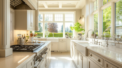 Fototapeta premium An close-up illuminated kitchen interior flooded with daylight
