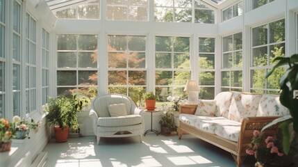 A cozy sun room with a comfortable couch and a stylish chair. Perfect for relaxing and enjoying the natural light. Ideal for home decor or interior design projects