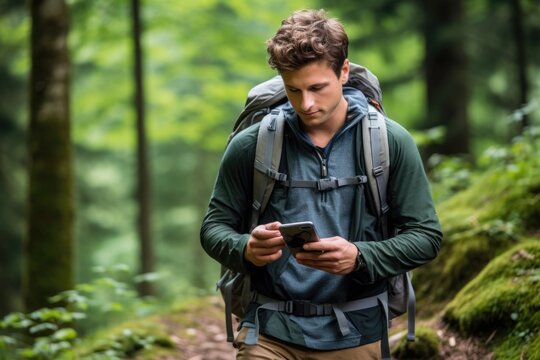 A man with a backpack is seen looking at his cell phone. This image can be used to depict technology usage, modern communication, or travel.