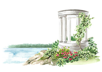 Park architecture card. Garden decorative Rotunda. Landscape design, Hand drawn watercolor  illustration  isolated on white background