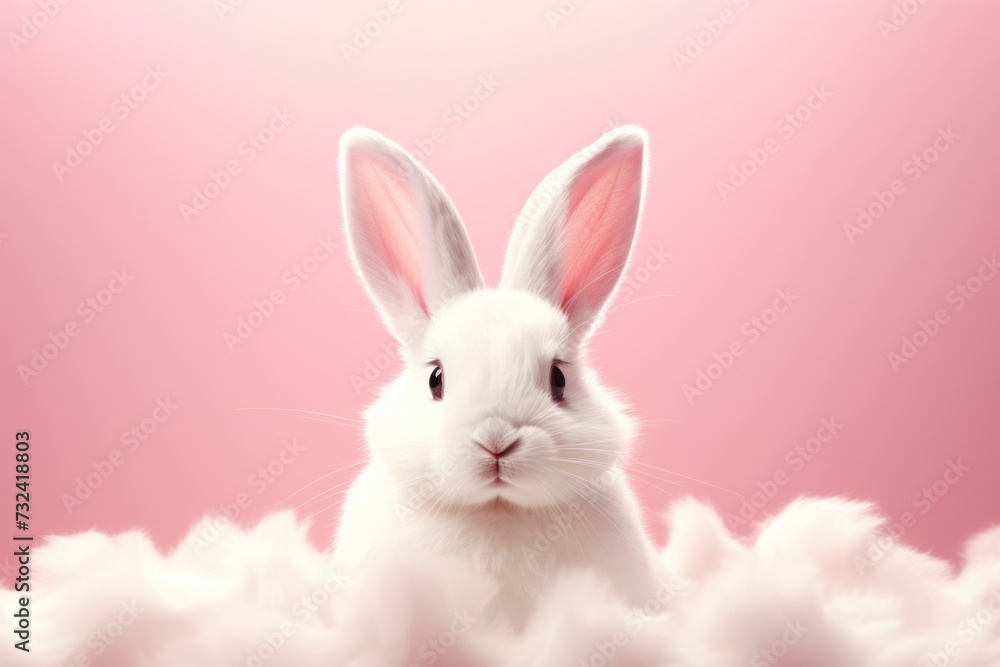 Poster a white rabbit sitting on top of a pile of fluffy white clouds. suitable for various uses