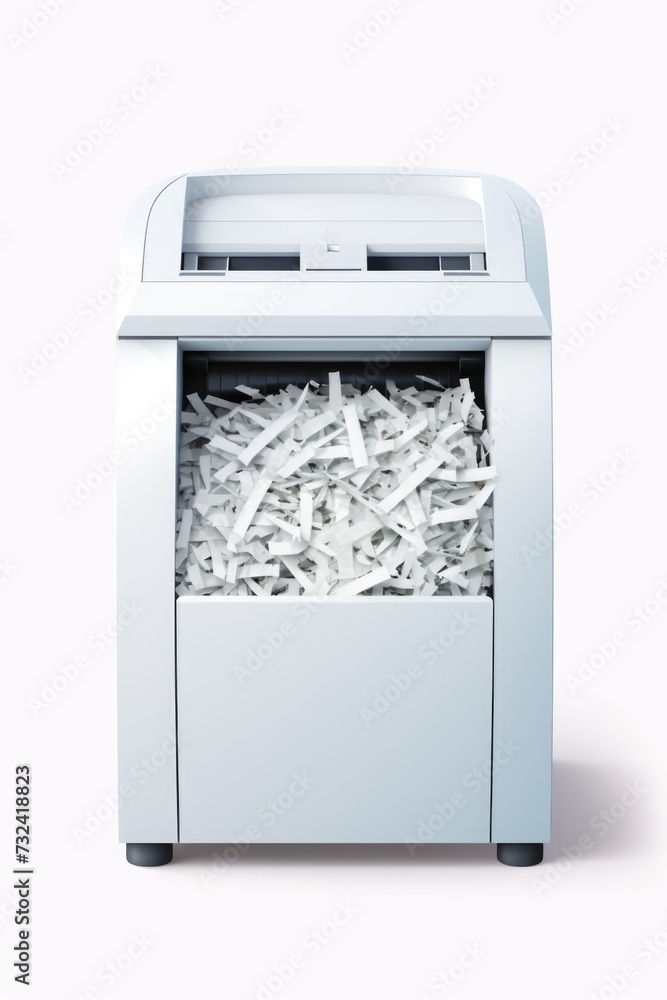 Poster A white paper shredder placed on a table. Can be used for office or document security concepts