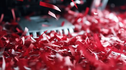 Shredded red and white paper lying in a pile next to a laptop. Ideal for office, business, or technology-related projects
