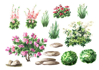 Landscape design elements set 2. Hand drawn watercolor illustration  isolated on white background
