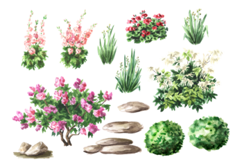 Landscape design elements set 2. Hand drawn watercolor illustration  isolated on white background