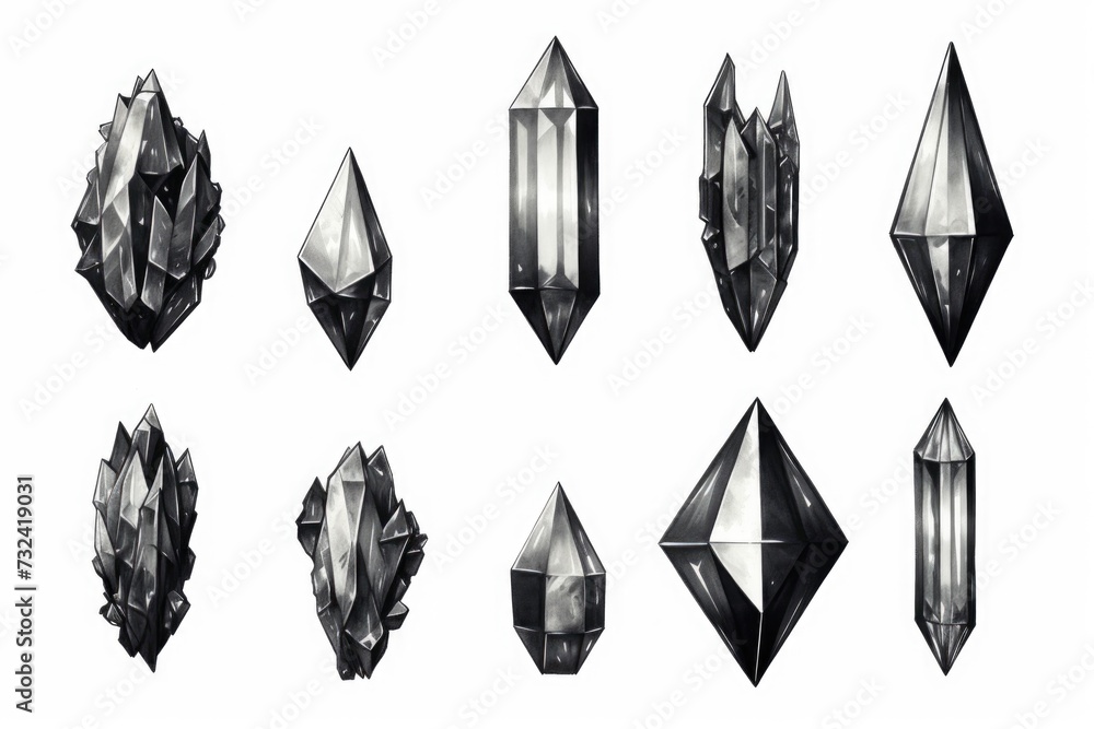 Poster black and white crystals arranged in a bunch on a clean white background. ideal for various creative
