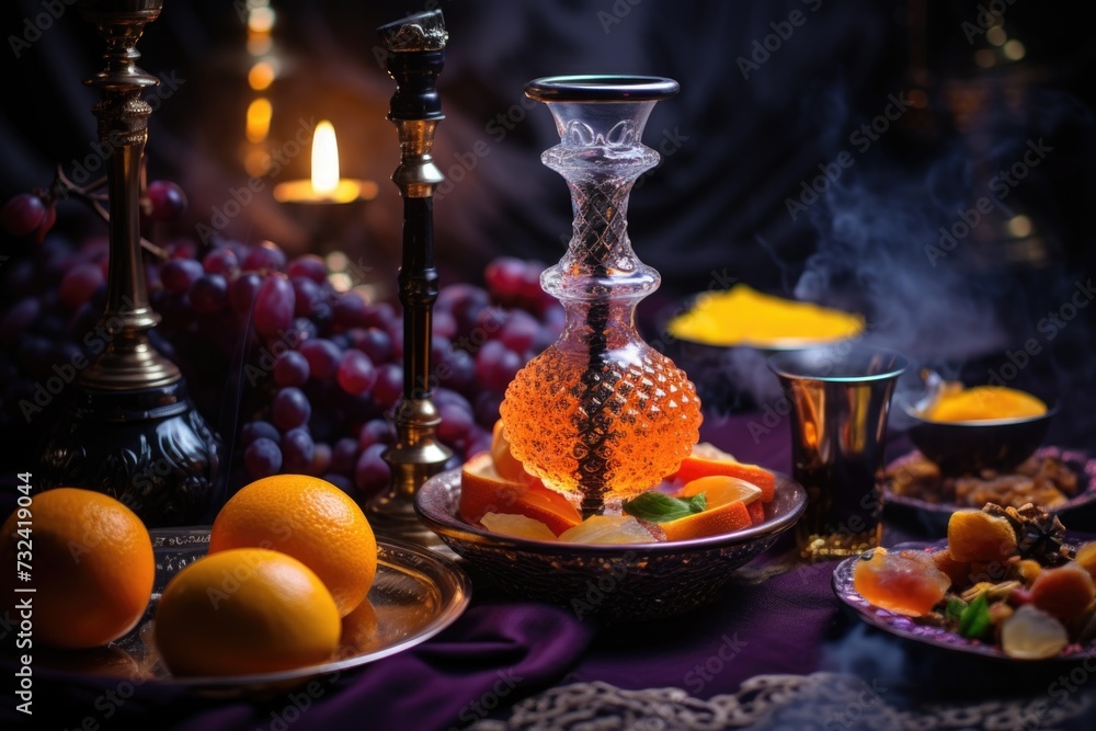 Poster a table topped with plates of food and lit candles. suitable for various occasions